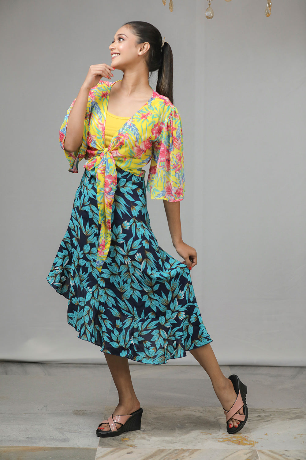 Yellow Printed Chiffon Shrug