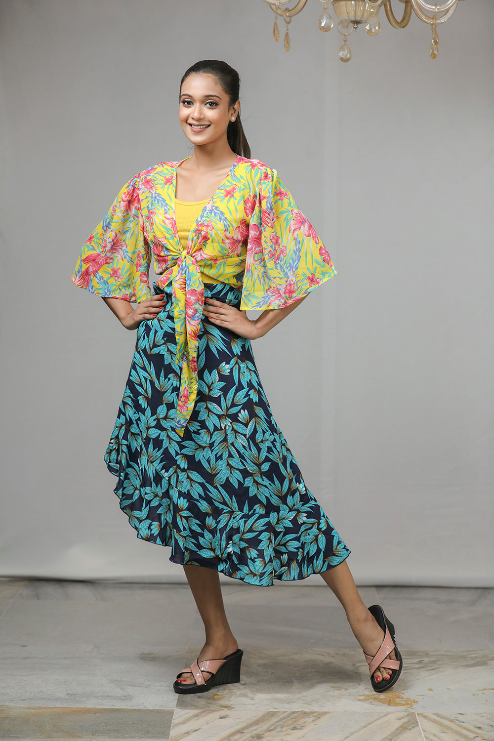 Yellow Printed Chiffon Shrug