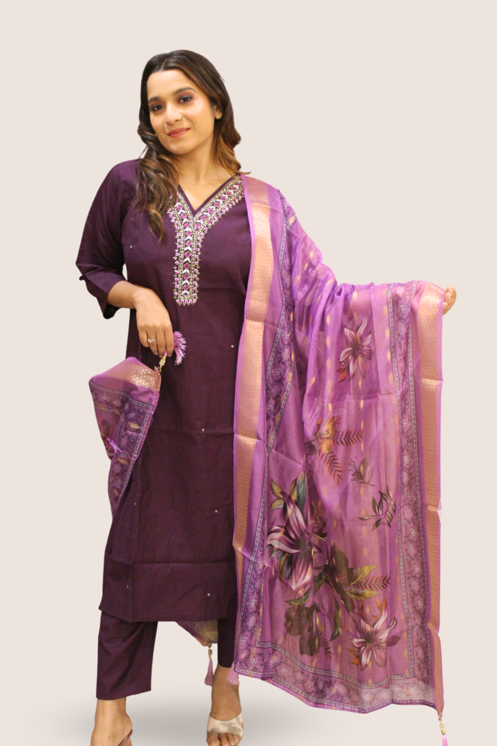 Dark Wine Dola Silk Kurti Set