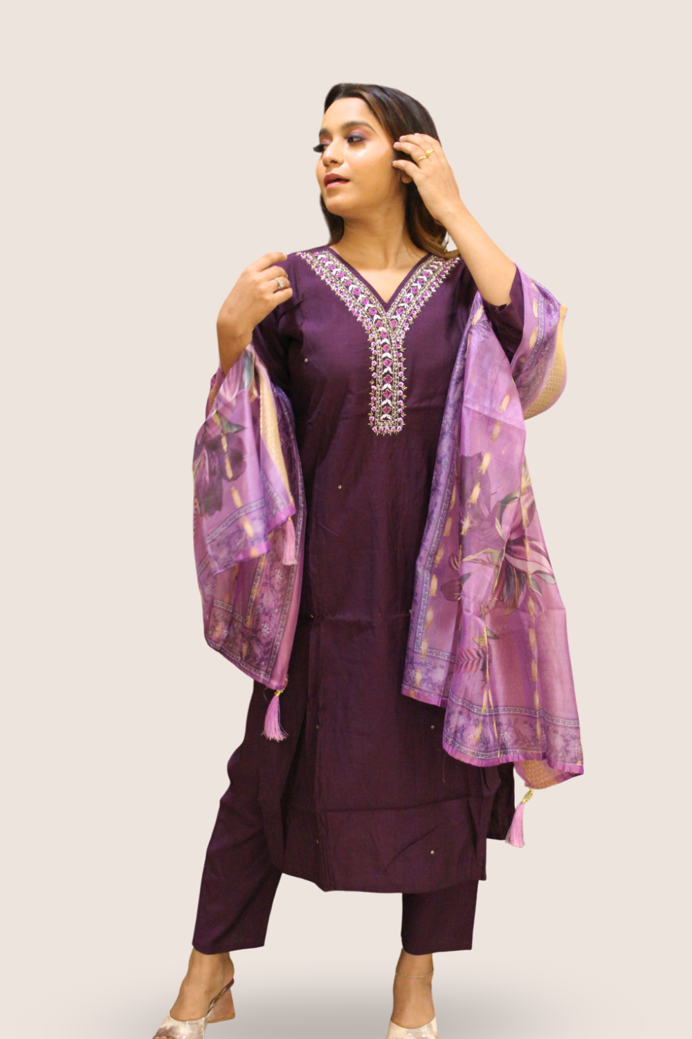 Dark Wine Dola Silk Kurti Set