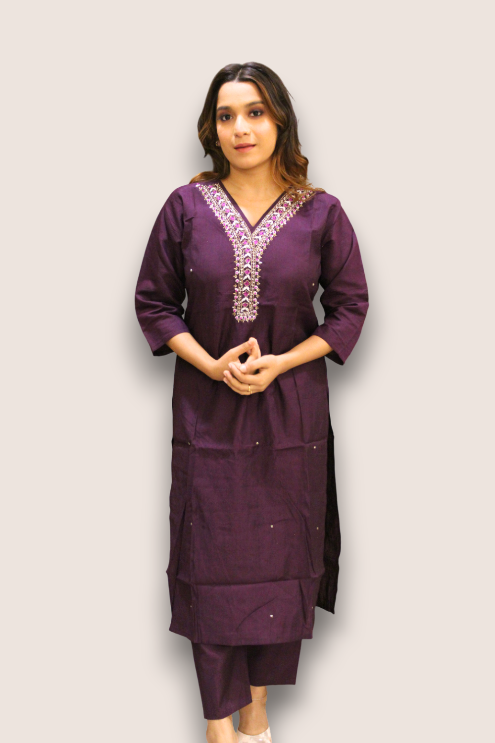 Dark Wine Dola Silk Kurti Set