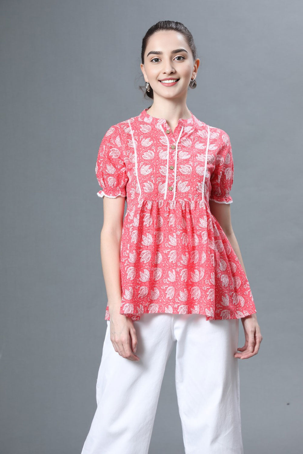 Women's Pure Cotton Puff Sleeve Top - Pink