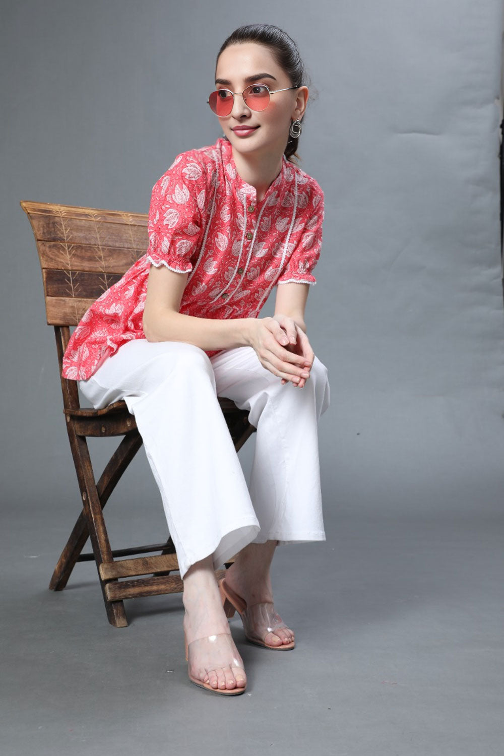 Women's Pure Cotton Puff Sleeve Top - Pink