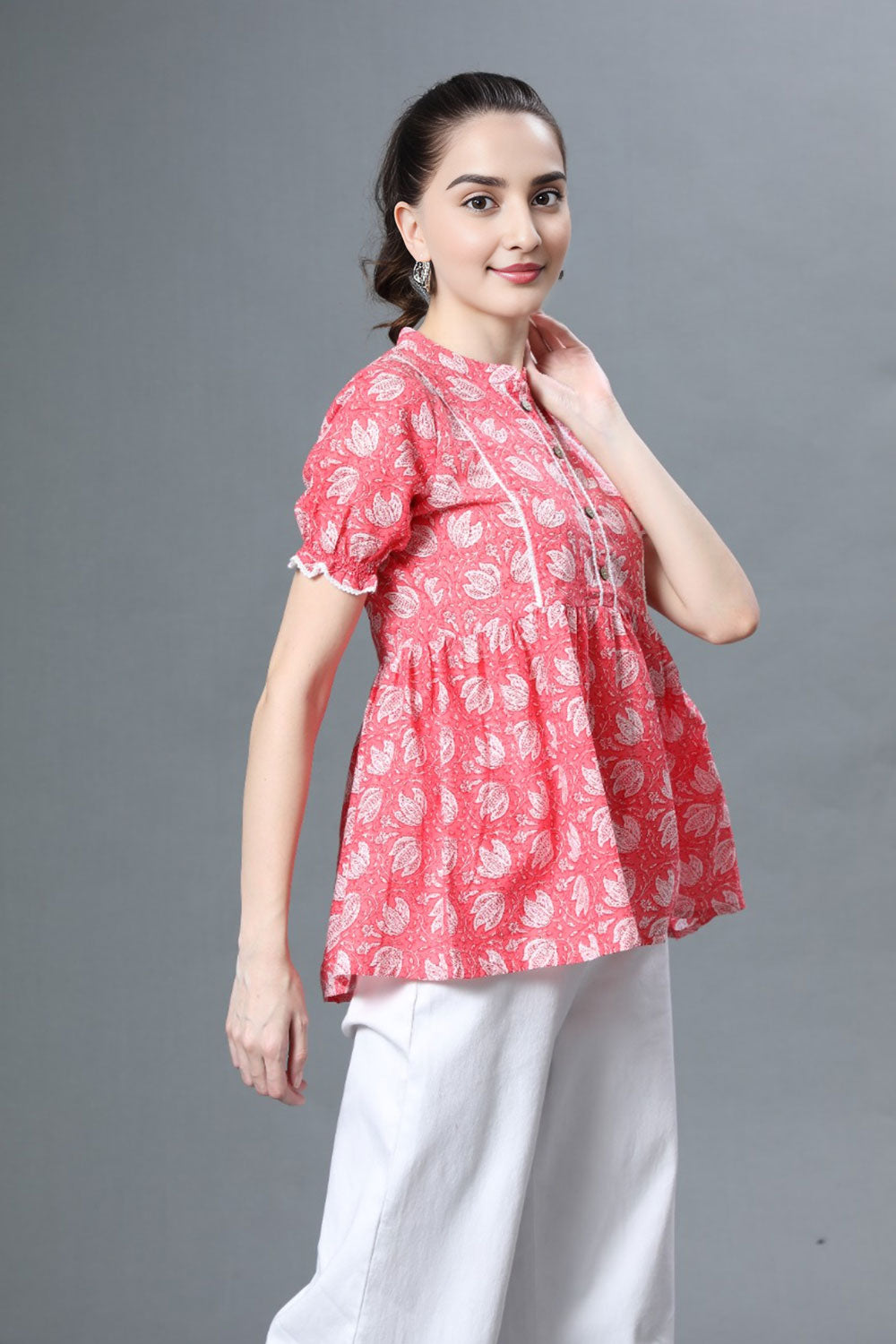 Women's Pure Cotton Puff Sleeve Top - Pink