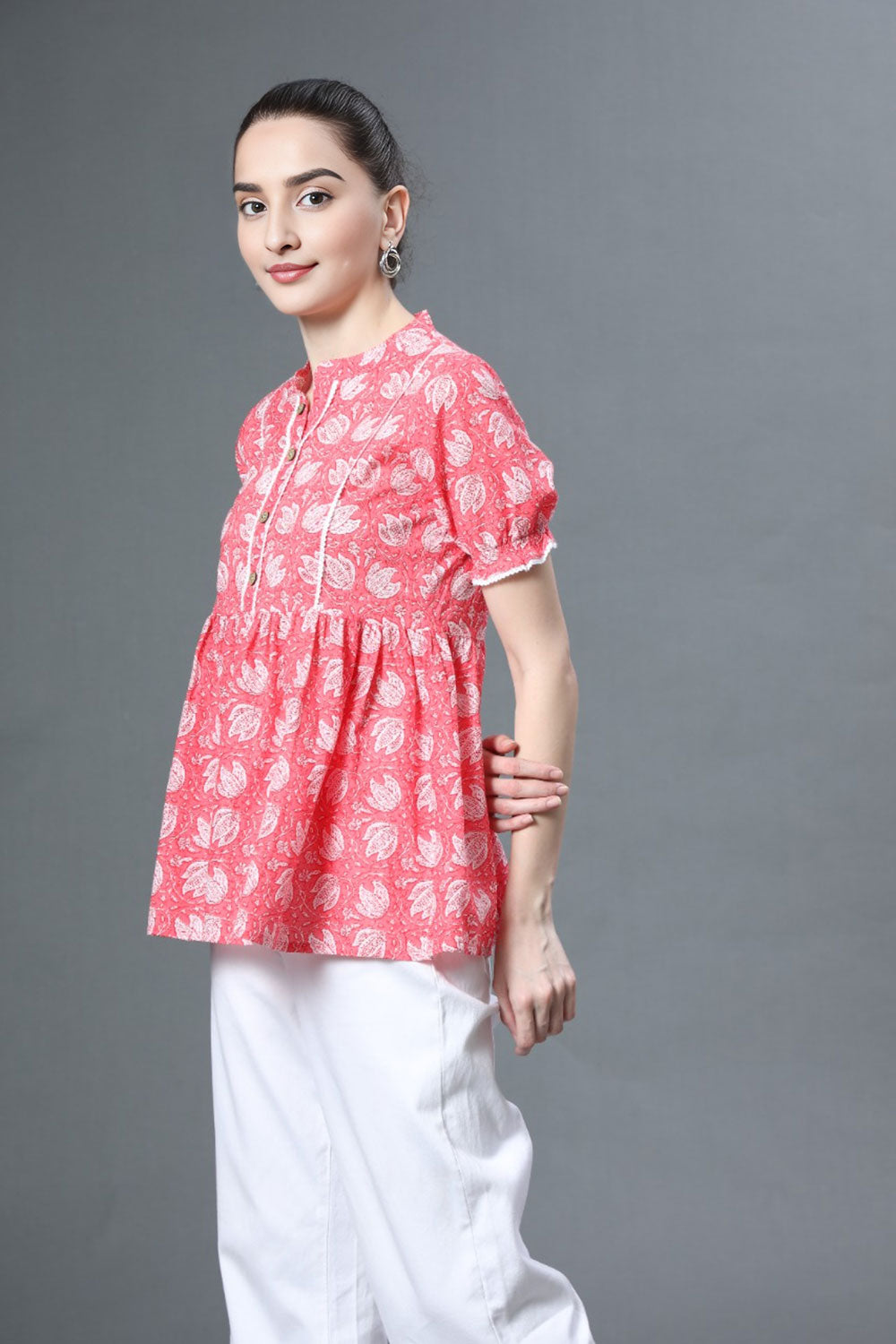 Women's Pure Cotton Puff Sleeve Top - Pink